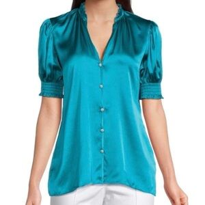 Robert Graham Mila Silk Blend Satin Blouse Teal XS
